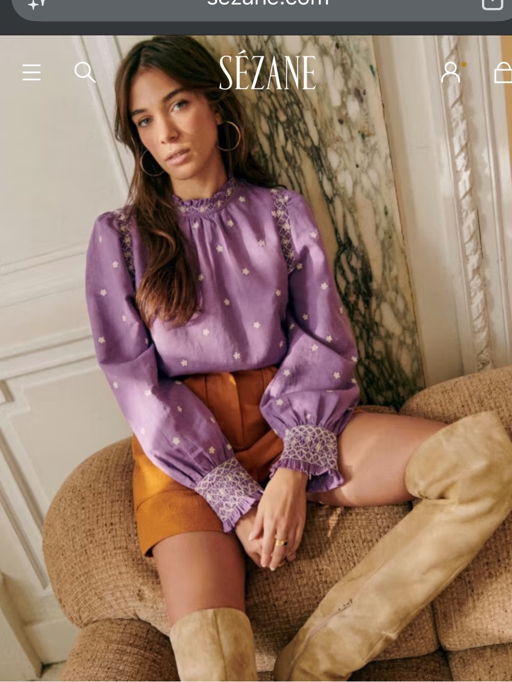 Sezane Lavender Cotton Linen Embroidered Blouse Women’s 34/2
